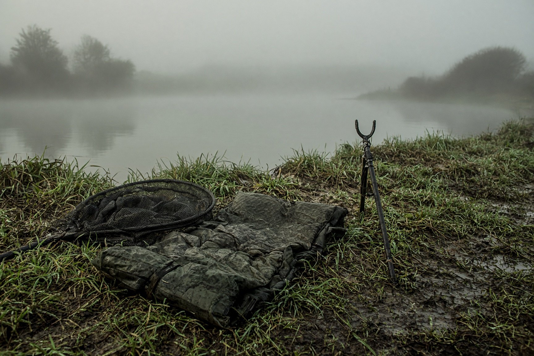 Landing net and unhooking mat on wet grass at a Cornish lake at dawn