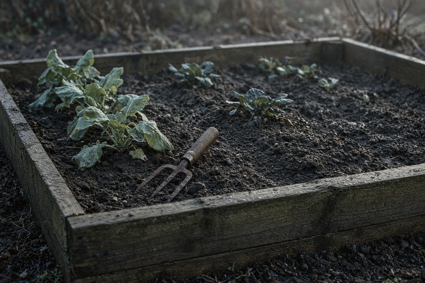 Cornwall allotment soil in a raised bed at first light, a rusted fork in the earth